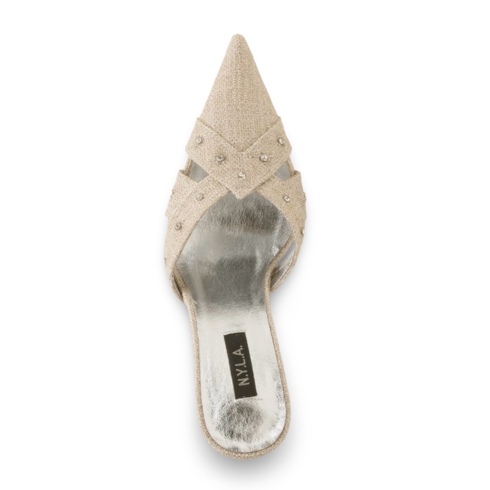 N.Y.L.A. Wednesday Pump Linen Rhinestone studded nude beige silver mules Sz 8 - Picture 2 of 9